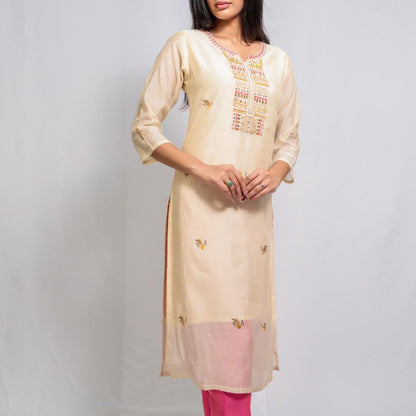 Kurti Bersulam Sutera Chanderi KAMDAR Sedia Buatan Wanita (S - 3XL) Ketibaan Baharu Pakaian Atasan Tradisional Cantik &amp; Trendi Lengan Pakaian Merah Jambu Berdebu Fesyen Deepavali