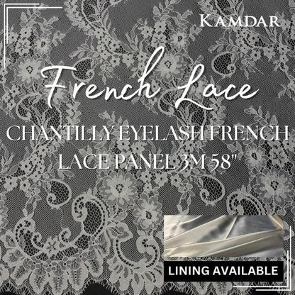 Chantilly Eyelash French Lace Panel 3M Bidang 58" with Satin Lining