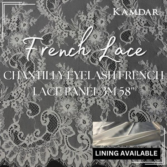 Chantilly Eyelash French Lace Panel 3M Bidang 58" with Satin Lining