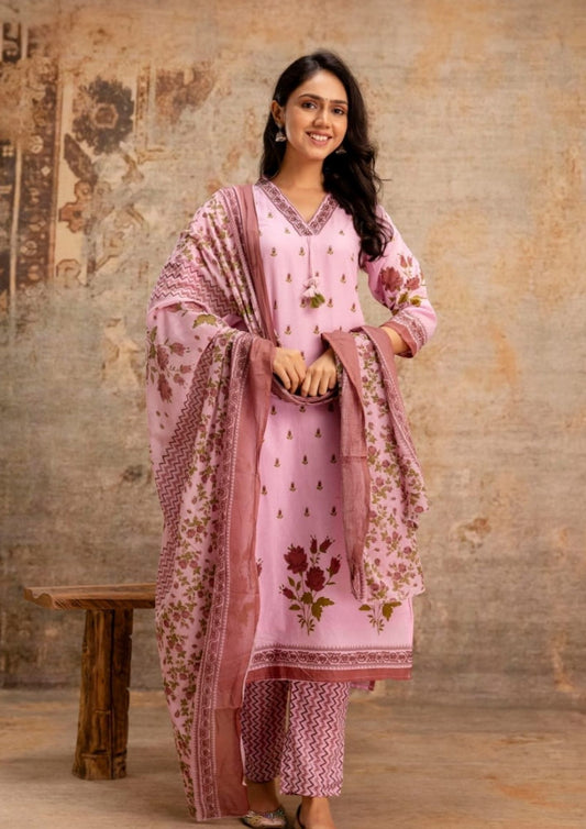 Flower Kurti Ladies Cotton Suits 3pc set