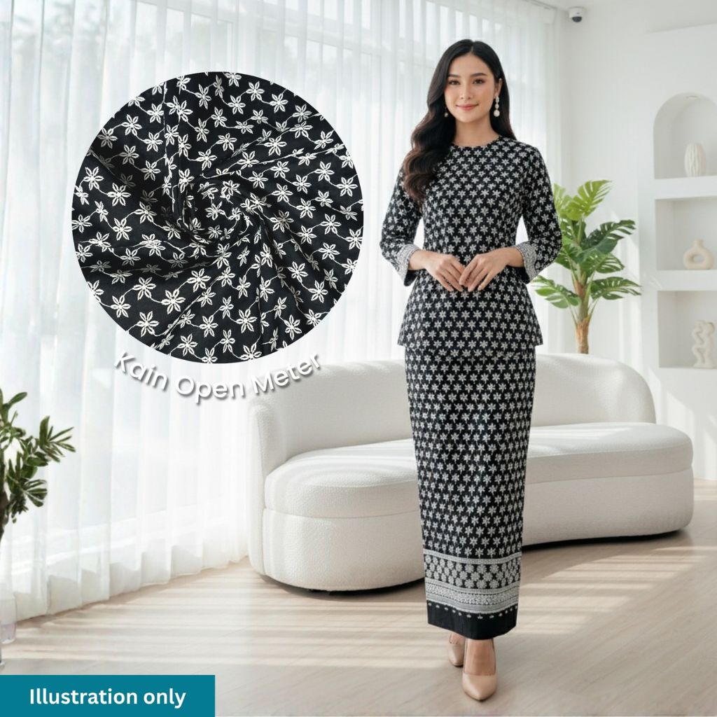 KAMDAR Cotton Cambric Embroidery 60S Bidang 44" Black White Open Meter (Kain Ela) - Texture & Timbul
