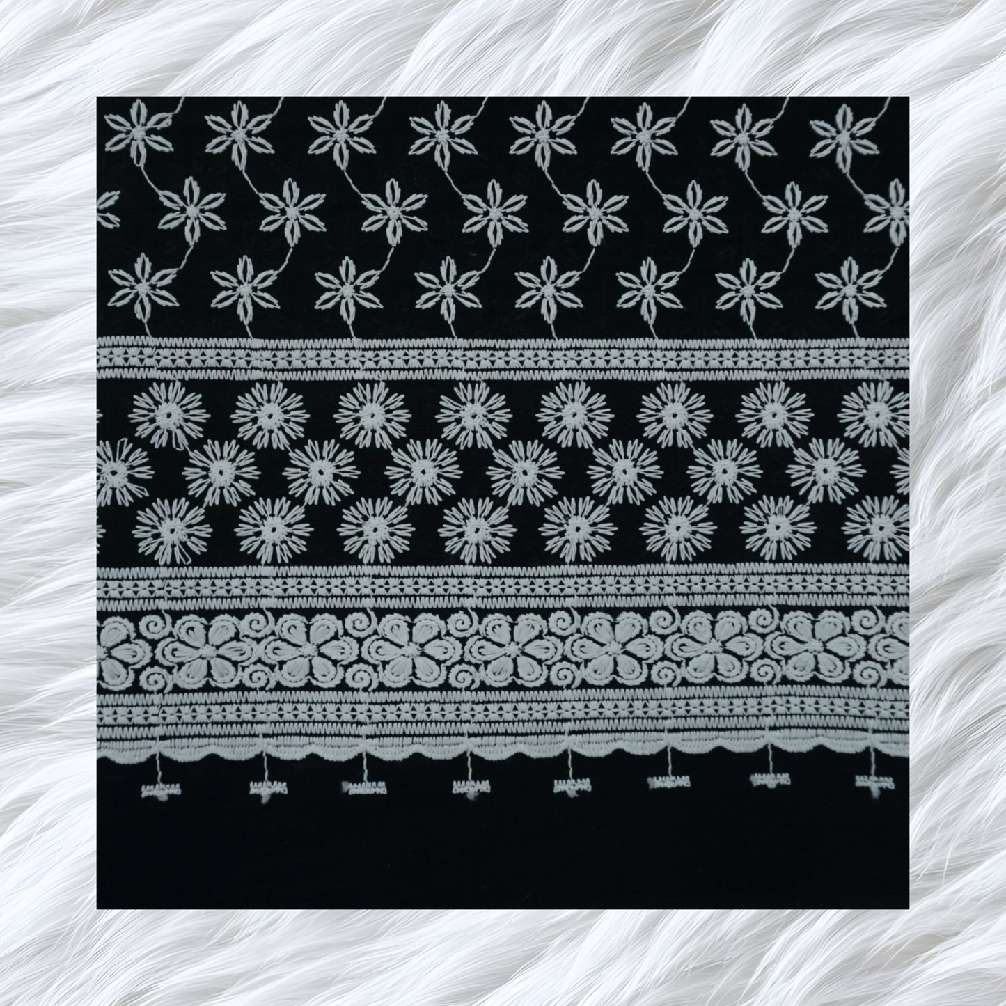 KAMDAR Cotton Cambric Embroidery 60S Bidang 44" Black White Open Meter (Kain Ela) - Texture & Timbul