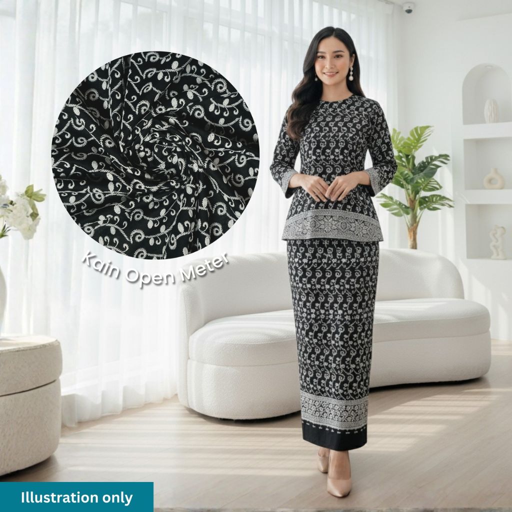KAMDAR Cotton Cambric Embroidery Nayla 60S Bidang 44" Black White Open Meter (Kain Ela) - Texture & Timbul