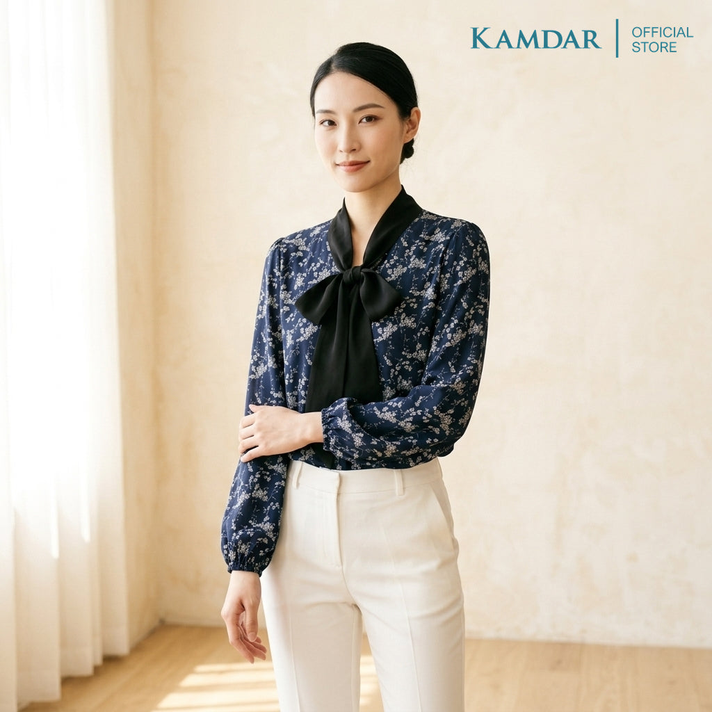 KAMDAR Lestari Klasik Blouse Wanita | Baju Blouse Wanita Corak Floral Leher Simpul | Saiz 48-54 Plus Size