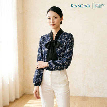 KAMDAR Lestari Klasik Blouse Wanita | Baju Blouse Wanita Corak Floral Leher Simpul | Saiz 48-54 Plus Size