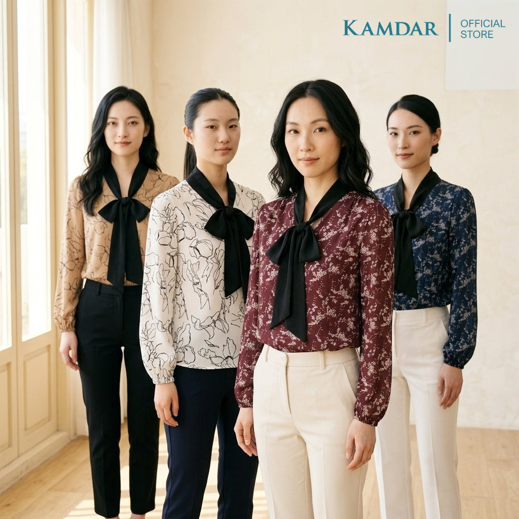 KAMDAR Lestari Klasik Blouse Wanita | Baju Blouse Wanita Corak Floral Leher Simpul | Saiz 48-54 Plus Size