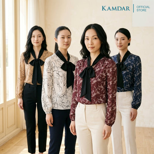 KAMDAR Lestari Klasik Blouse Wanita | Baju Blouse Wanita Corak Floral Leher Simpul | Saiz 48-54 Plus Size