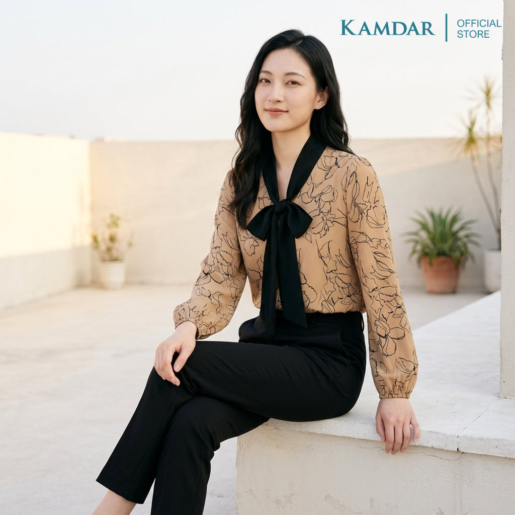 KAMDAR Lestari Klasik Blouse Wanita | Baju Blouse Wanita Corak Floral Leher Simpul | Saiz 48-54 Plus Size