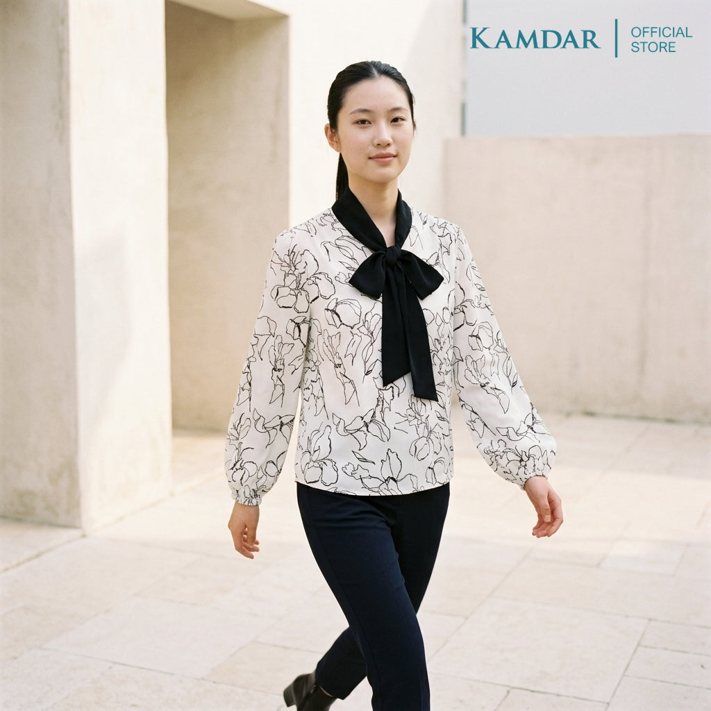 KAMDAR Lestari Klasik Blouse Wanita | Baju Blouse Wanita Corak Floral Leher Simpul | Saiz 48-54 Plus Size
