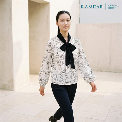 KAMDAR Lestari Klasik Blouse Wanita | Baju Blouse Wanita Corak Floral Leher Simpul | Saiz 48-54 Plus Size