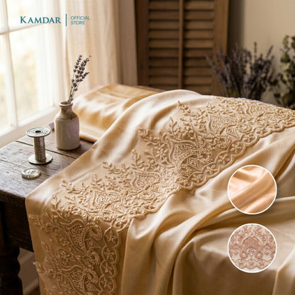 KAMDAR – Bridal Satin & Border Lace Kain Pasang Mix & Match 4M+2M | Satin Premium | Renda Bunga Kristal