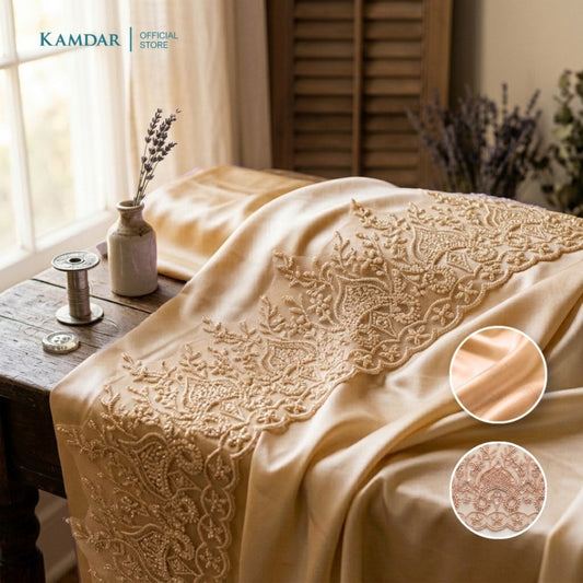 KAMDAR – Bridal Satin & Border Lace Kain Pasang Mix & Match 4M+2M | Satin Premium | Renda Bunga Kristal