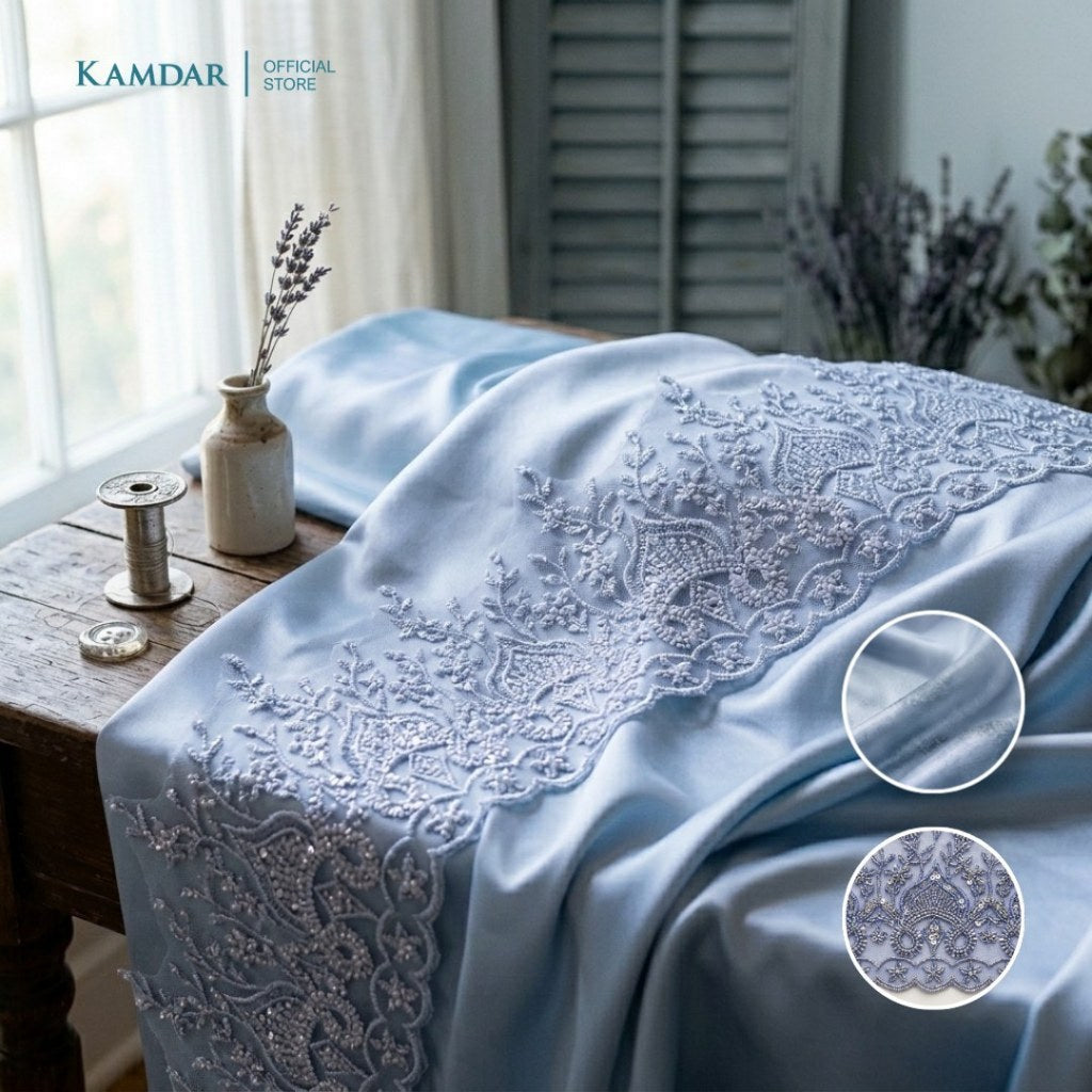 KAMDAR – Bridal Satin & Border Lace Kain Pasang Mix & Match 4M+2M | Satin Premium | Renda Bunga Kristal