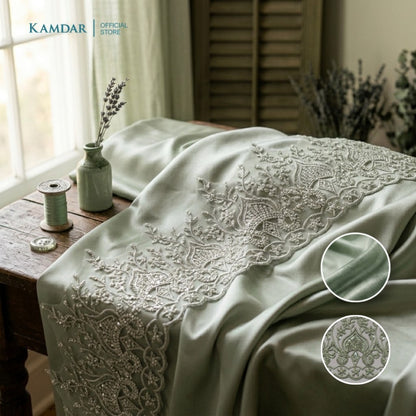 KAMDAR – Bridal Satin & Border Lace Kain Pasang Mix & Match 4M+2M | Satin Premium | Renda Bunga Kristal