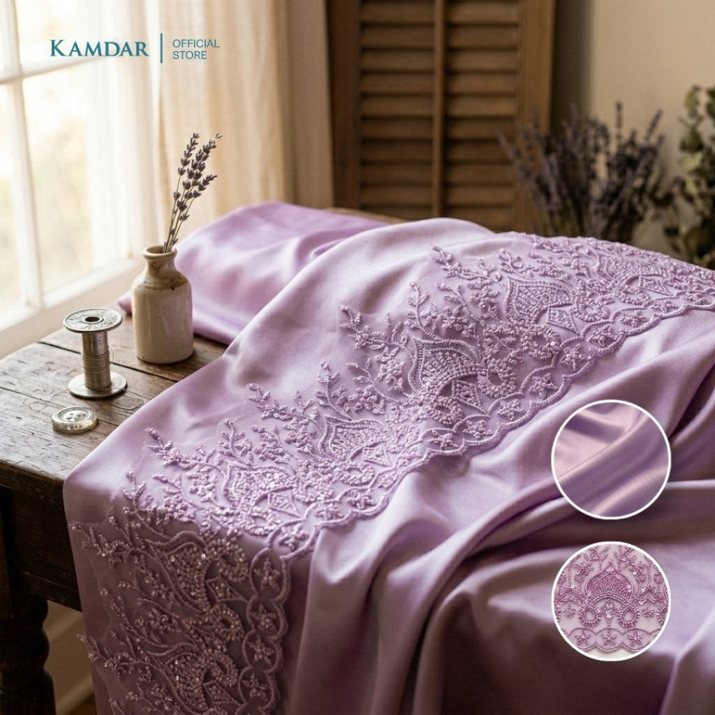 KAMDAR – Bridal Satin & Border Lace Kain Pasang Mix & Match 4M+2M | Satin Premium | Renda Bunga Kristal