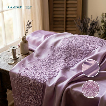 KAMDAR – Bridal Satin & Border Lace Kain Pasang Mix & Match 4M+2M | Satin Premium | Renda Bunga Kristal