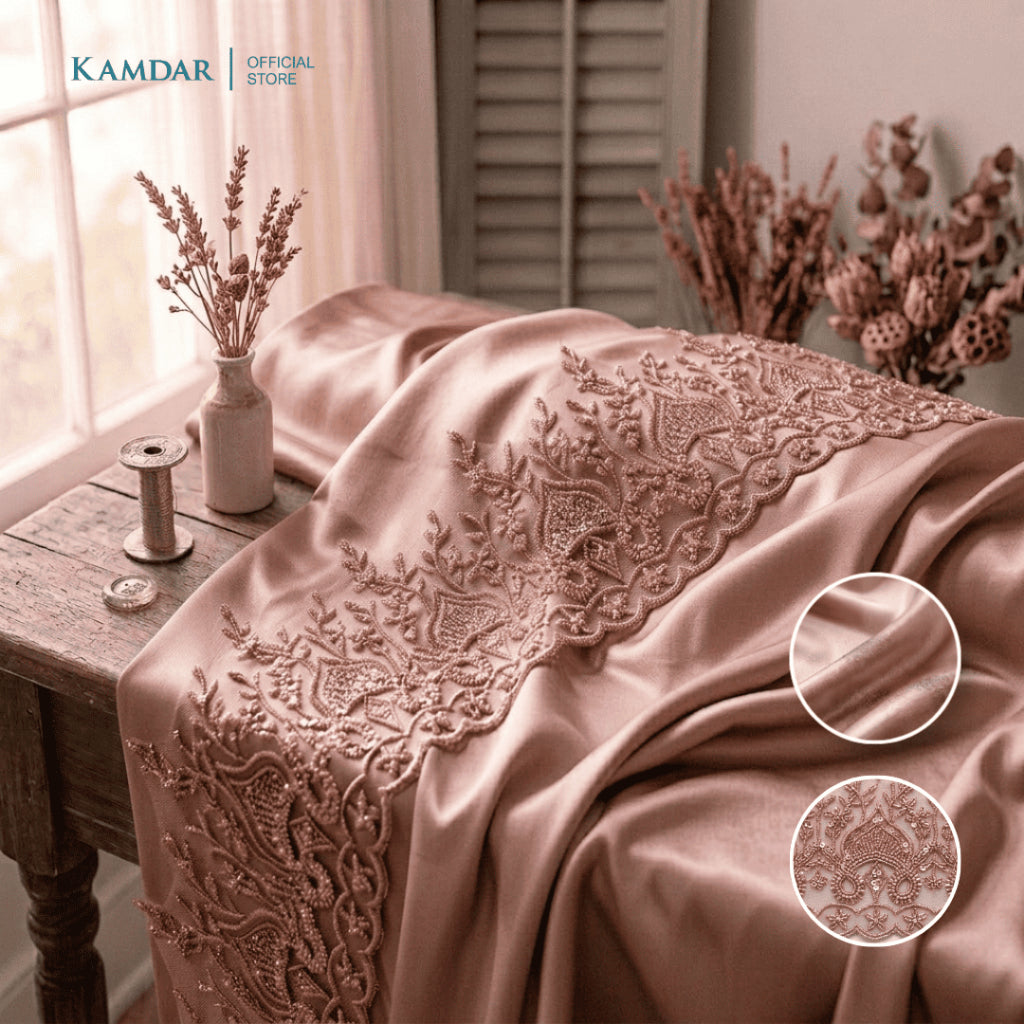 KAMDAR – Bridal Satin & Border Lace Kain Pasang Mix & Match 4M+2M | Satin Premium | Renda Bunga Kristal