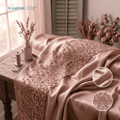 KAMDAR – Bridal Satin & Border Lace Kain Pasang Mix & Match 4M+2M | Satin Premium | Renda Bunga Kristal