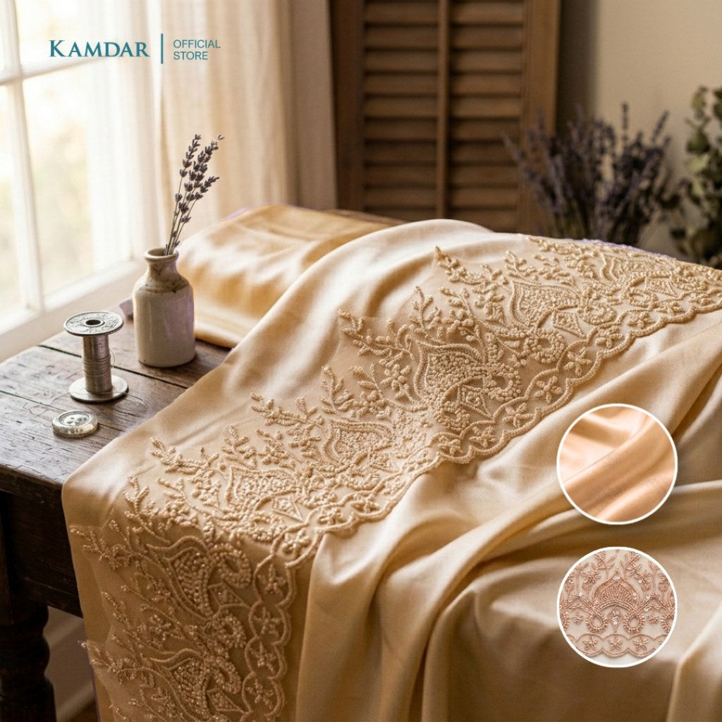 KAMDAR – Bridal Satin & Border Lace Kain Pasang Mix & Match 4M+2M | Satin Premium | Renda Bunga Kristal