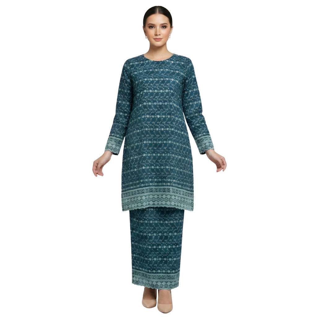KAMDAR Camilla Kurung Modern Riau Cotton • White Embroidery • Full Elastic • S–2XL