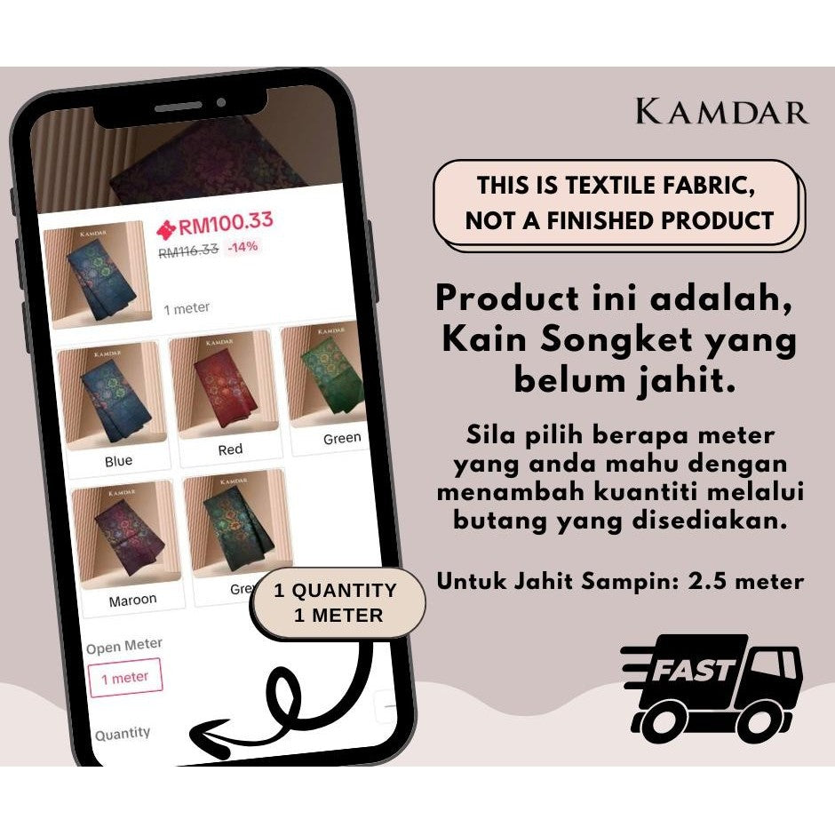 KAMDAR  Open Meter  Songket Metallic Bunga Raya Exclusive Bidang 44"