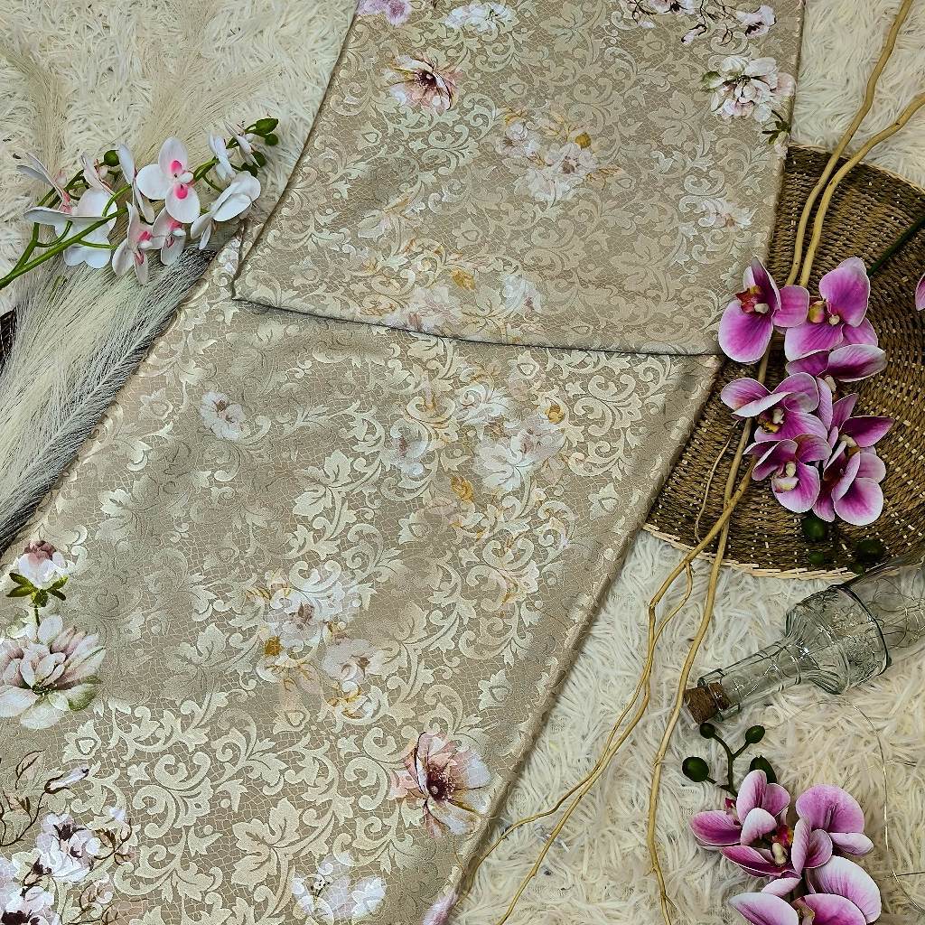 KAMDAR – Ivory Satin Digital Prints | Floral Baroque | Kain Baju Kurung