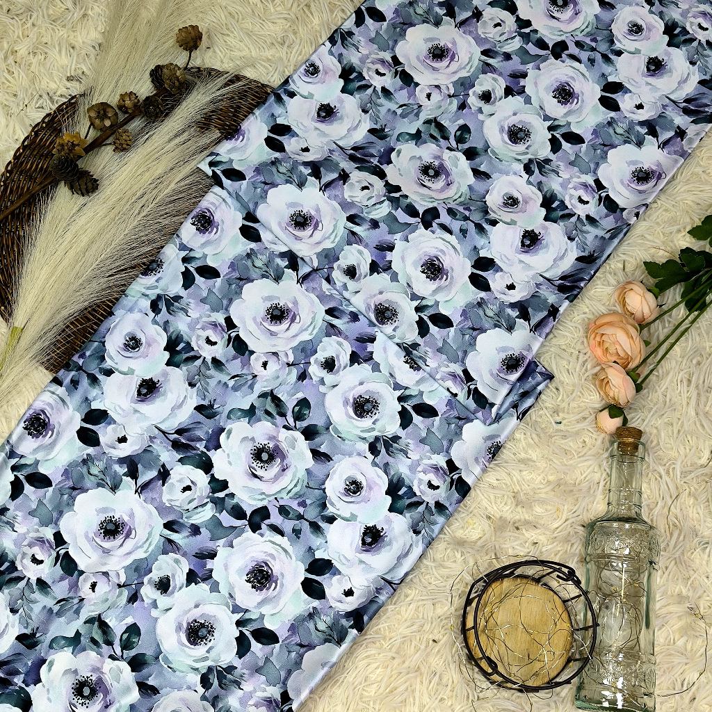 KAMDAR – Elizabeth Satin Digital Prints | Corak Rose Mewah | Kain Baju Kurung Wanita