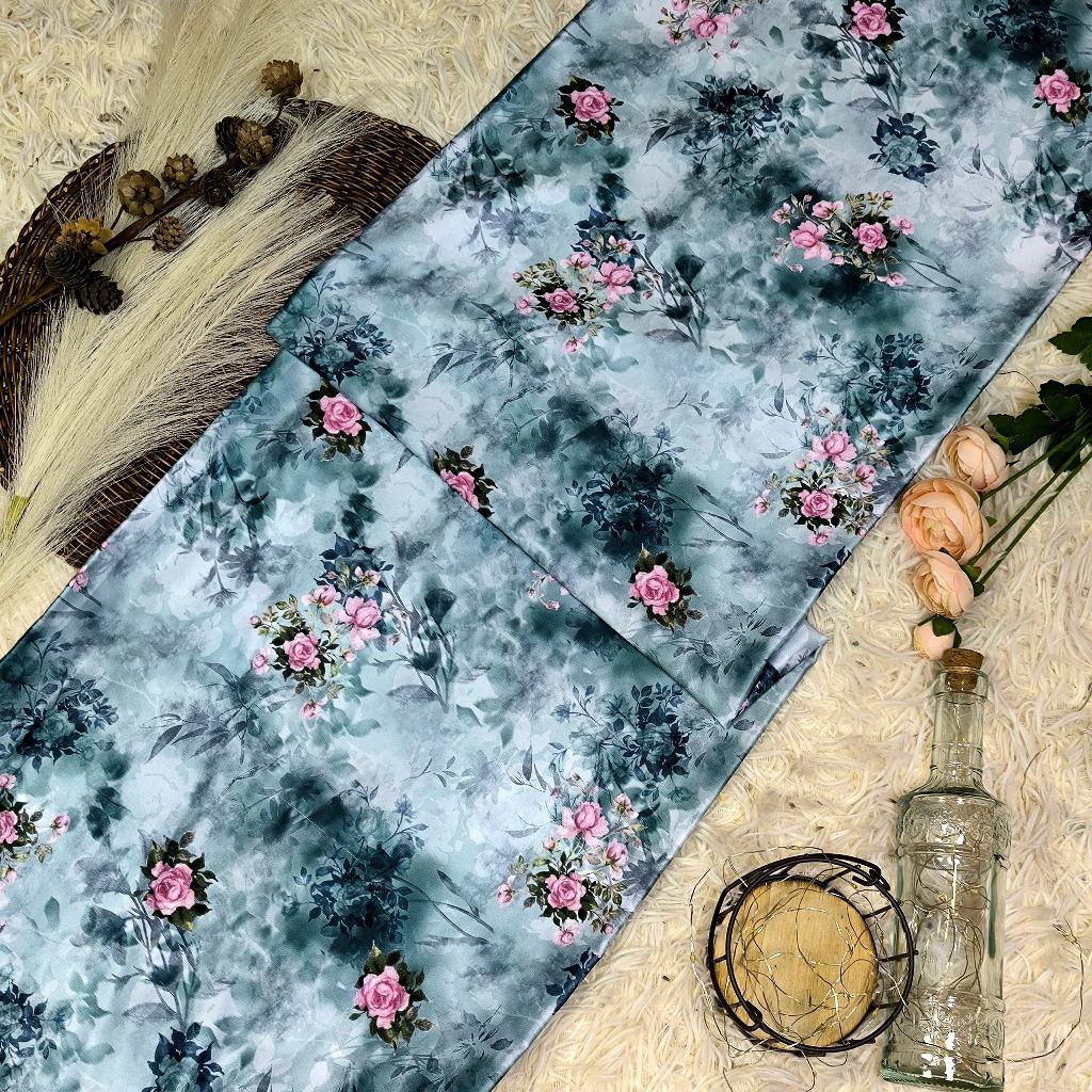 KAMDAR – Elizabeth Satin Digital Prints | Corak Rose Mewah | Kain Baju Kurung Wanita
