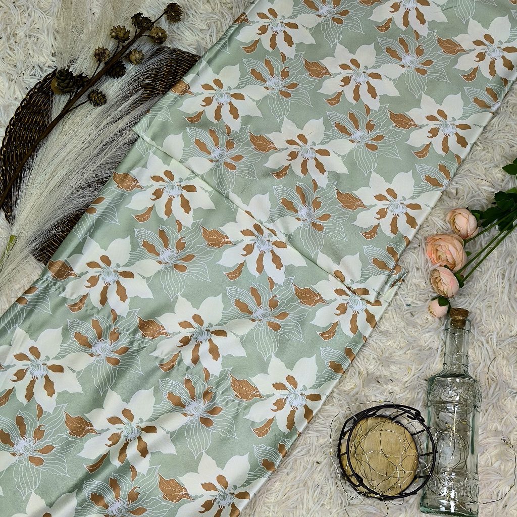 KAMDAR – Elizabeth Satin Digital Prints | Corak Rose Mewah | Kain Baju Kurung Wanita