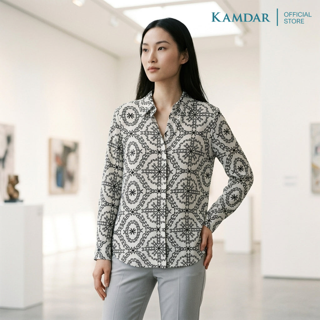 KAMDAR Kinrara Ladies Blouse | Premium Linen Touch | Collared 3/4 Sleeve High-Low Top | Free Size