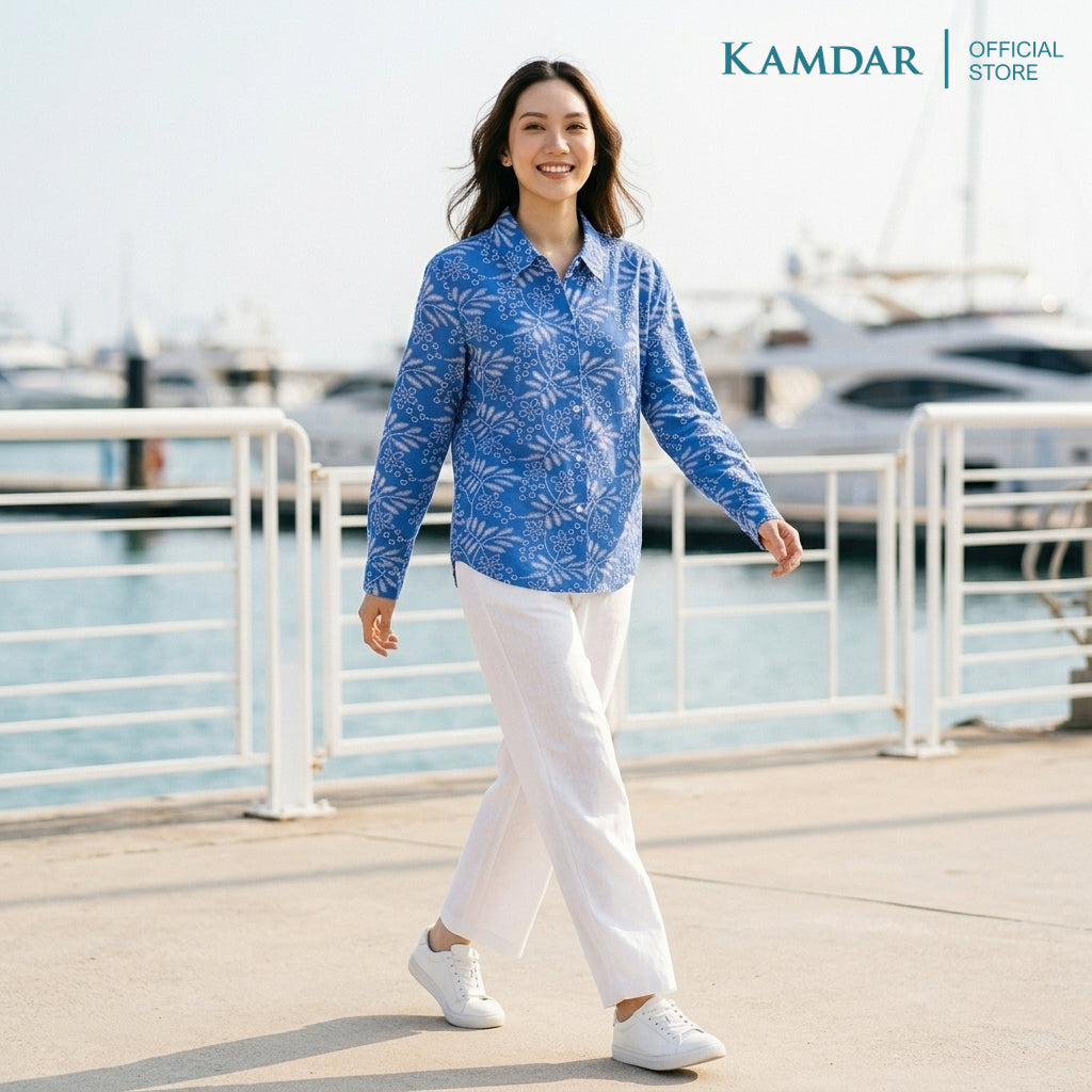 KAMDAR Kinrara Ladies Blouse | Premium Linen Touch | Collared 3/4 Sleeve High-Low Top | Free Size