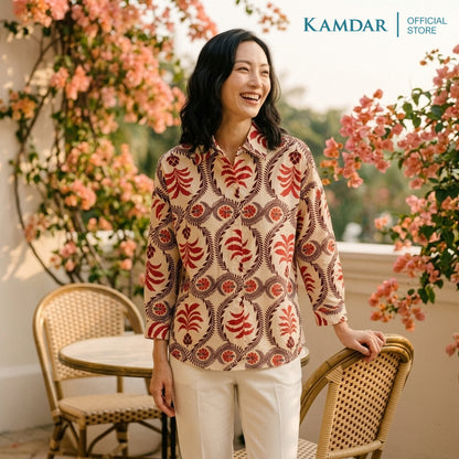 KAMDAR Kinrara Ladies Blouse | Premium Linen Touch | Collared 3/4 Sleeve High-Low Top | Free Size