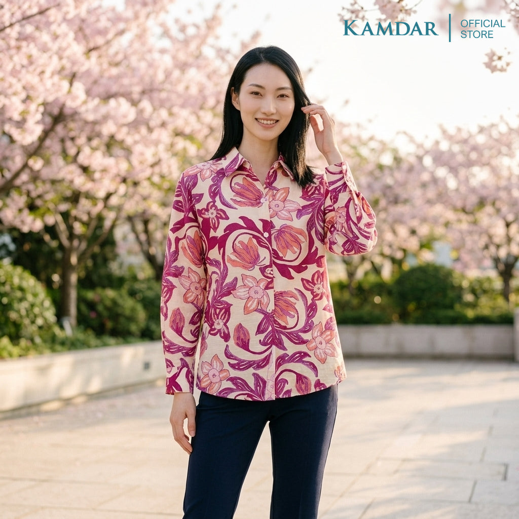 KAMDAR Kinrara Ladies Blouse | Premium Linen Touch | Collared 3/4 Sleeve High-Low Top | Free Size