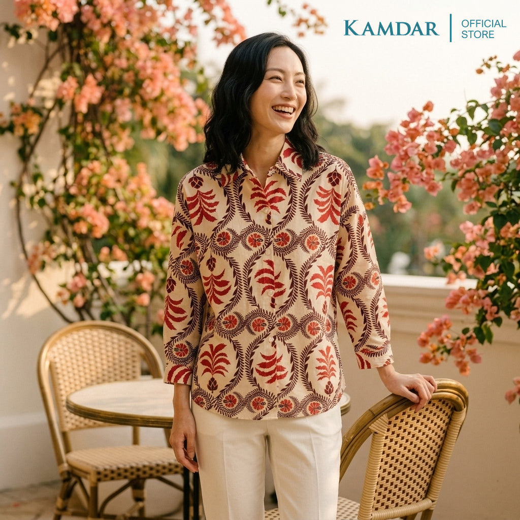 KAMDAR Kinrara Ladies Blouse | Premium Linen Touch | Collared 3/4 Sleeve High-Low Top | Free Size
