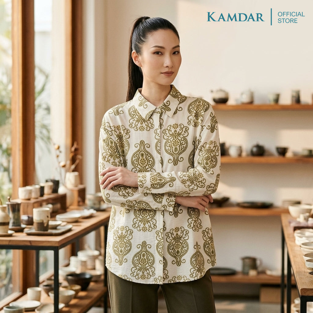 KAMDAR Kinrara Ladies Blouse | Premium Linen Touch | Collared 3/4 Sleeve High-Low Top | Free Size