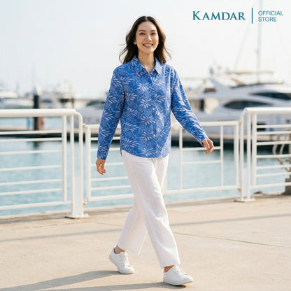 KAMDAR Kinrara Ladies Blouse | Premium Linen Touch | Collared 3/4 Sleeve High-Low Top | Free Size