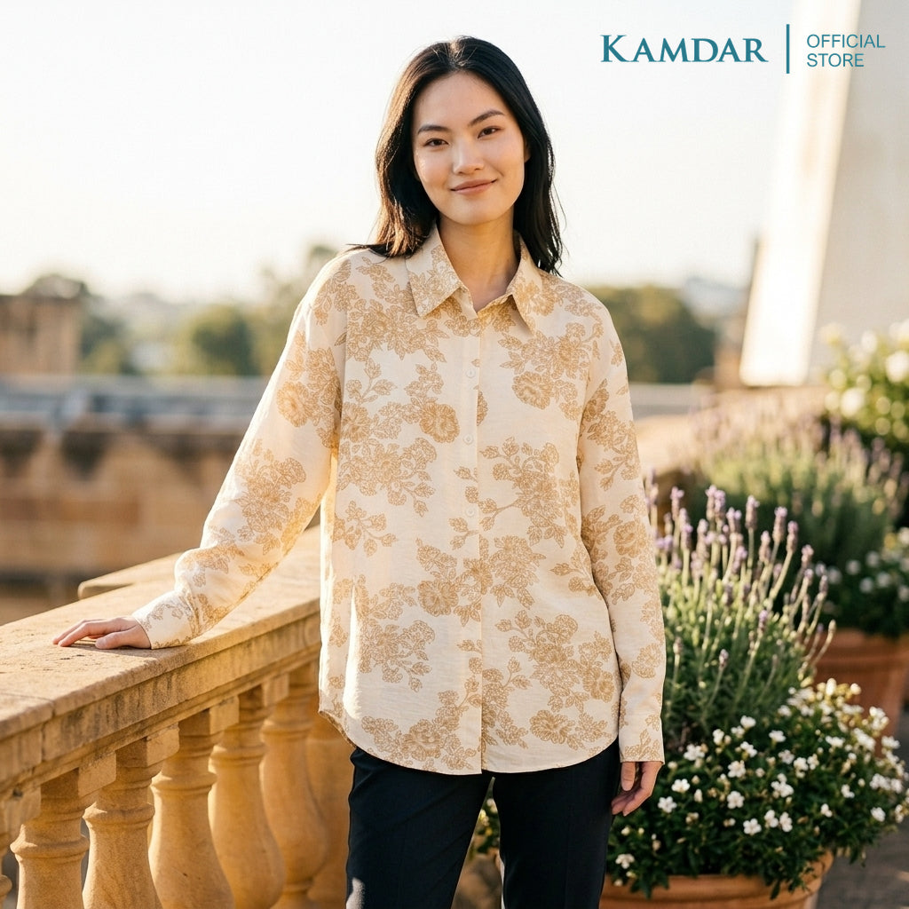 KAMDAR Kinrara Ladies Blouse | Premium Linen Touch | Collared 3/4 Sleeve High-Low Top | Free Size