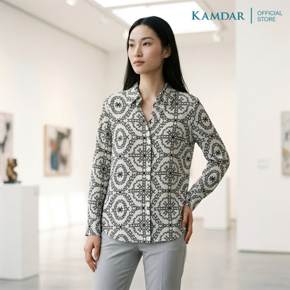 KAMDAR Kinrara Ladies Blouse | Premium Linen Touch | Collared 3/4 Sleeve High-Low Top | Free Size