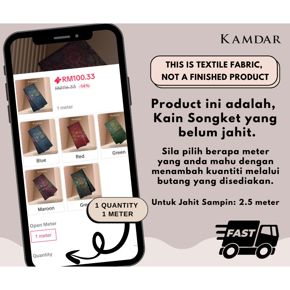 KAMDAR Songket Metallic Bunga Tabur Bidang 44" Open Meter (Kain Ela) - Ironless & Tak Jarang