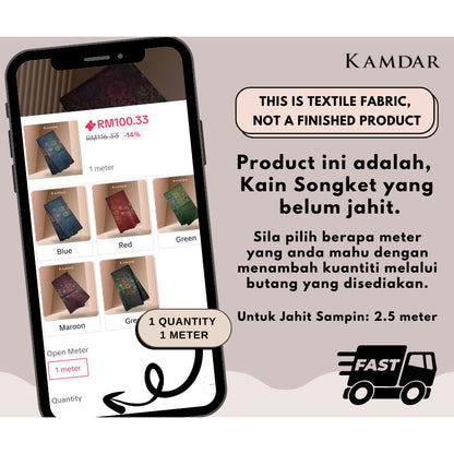 KAMDAR Songket Metallic Bunga Tabur Bidang 44" Open Meter (Kain Ela) - Ironless & Tak Jarang