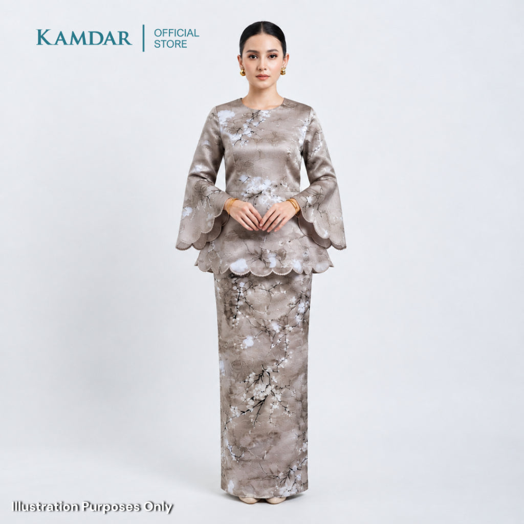 KAMDAR – Ivory Satin Digital Prints | Bunga Sakura | Corak Lembut Halus