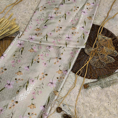 KAMDAR – Ivory Satin Digital Prints | Bunga Sakura | Corak Lembut Halus