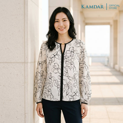 KAMDAR Sofea Eksklusif Blouse Wanita | Baju Blouse Wanita Floral Leher V Hiasan Emas | Saiz 48-54 Plus Size