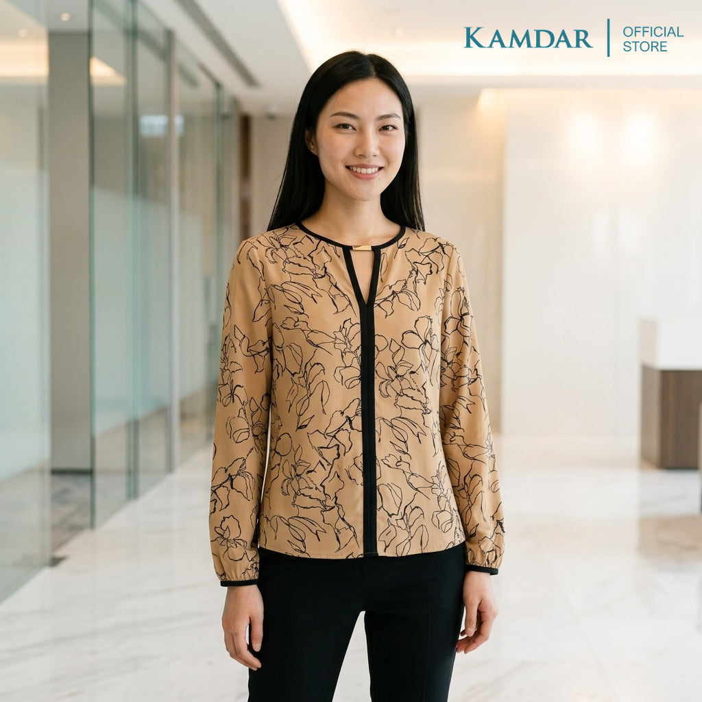 KAMDAR Sofea Eksklusif Blouse Wanita | Baju Blouse Wanita Floral Leher V Hiasan Emas | Saiz 48-54 Plus Size