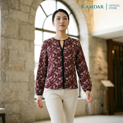 KAMDAR Sofea Eksklusif Blouse Wanita | Baju Blouse Wanita Floral Leher V Hiasan Emas | Saiz 48-54 Plus Size