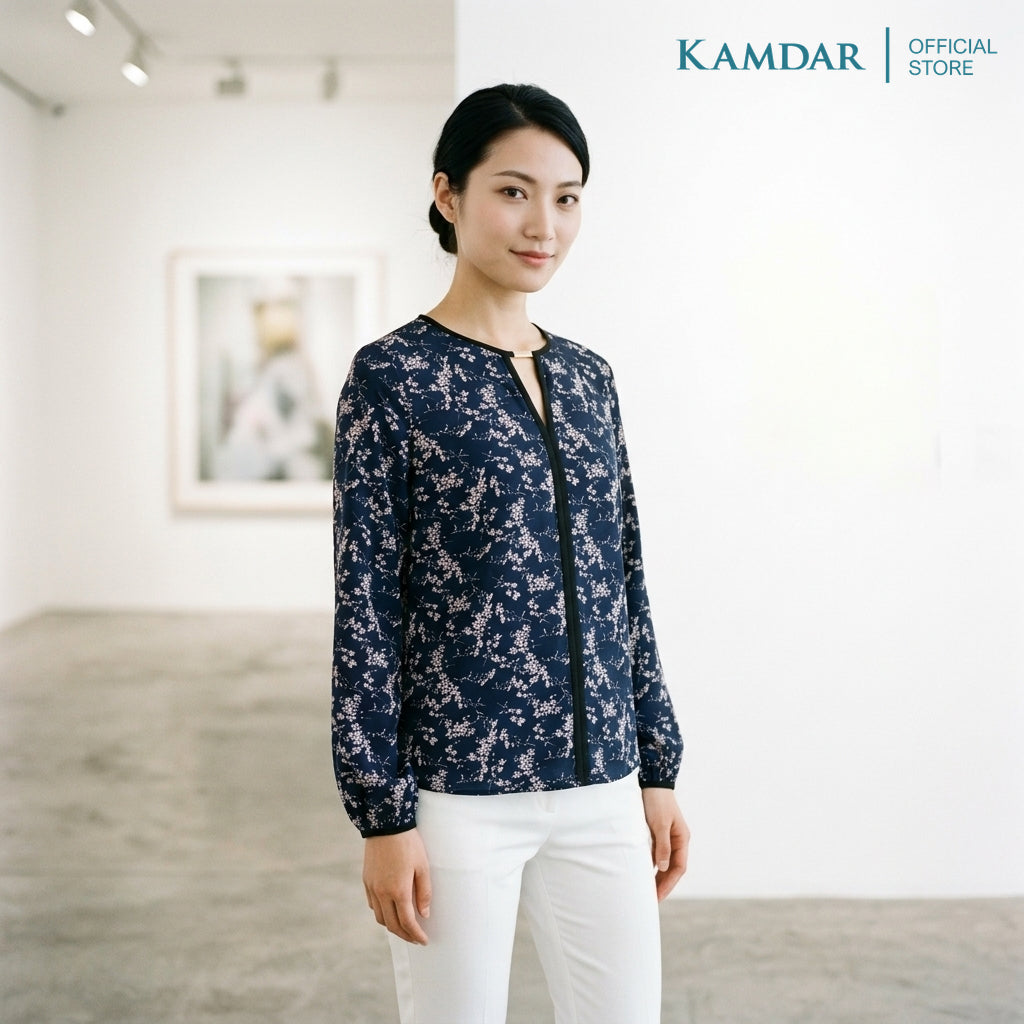 KAMDAR Sofea Eksklusif Blouse Wanita | Baju Blouse Wanita Floral Leher V Hiasan Emas | Saiz 48-54 Plus Size
