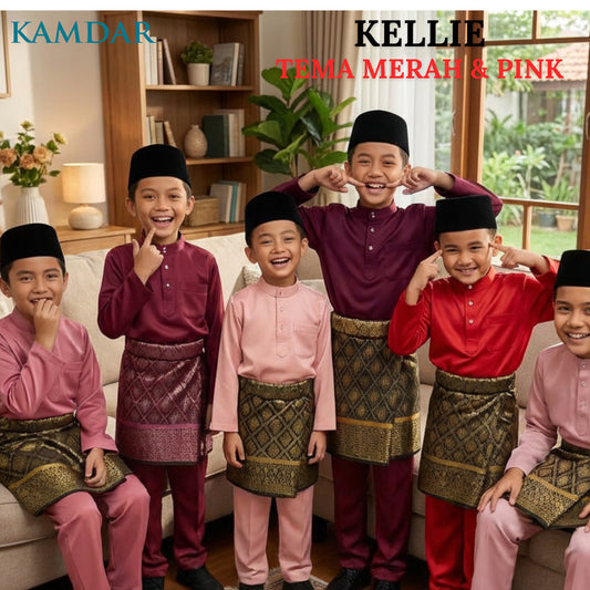KAMDAR Kellie Tema Merah & Merah Jambu Baju Melayu Cekak Musang Budak Lelaki
