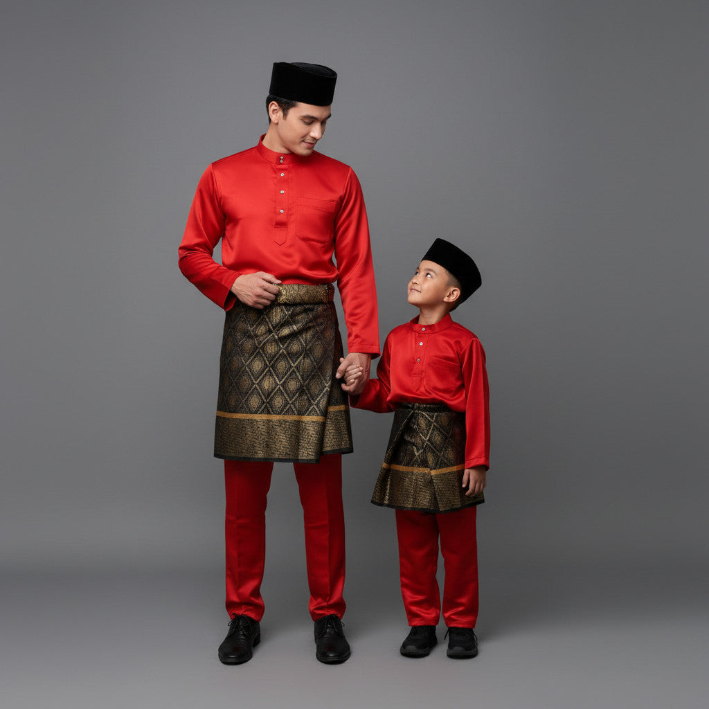 KAMDAR Kellie Tema Merah & Merah Jambu Baju Melayu Cekak Musang Budak Lelaki