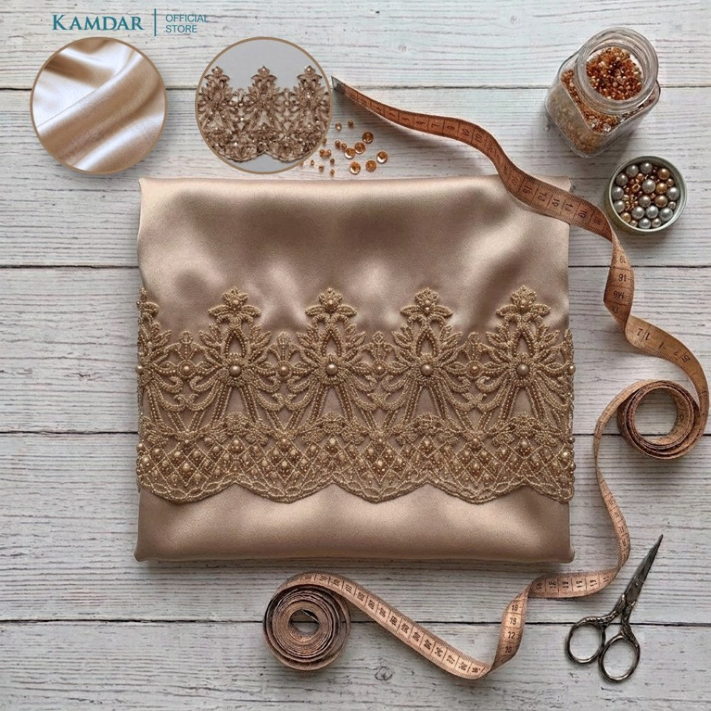 KAMDAR – Bridal Satin & Border Lace Kain Pasang Mix & Match 4M+2M | Satin Premium | Renda Mahkota Mewah