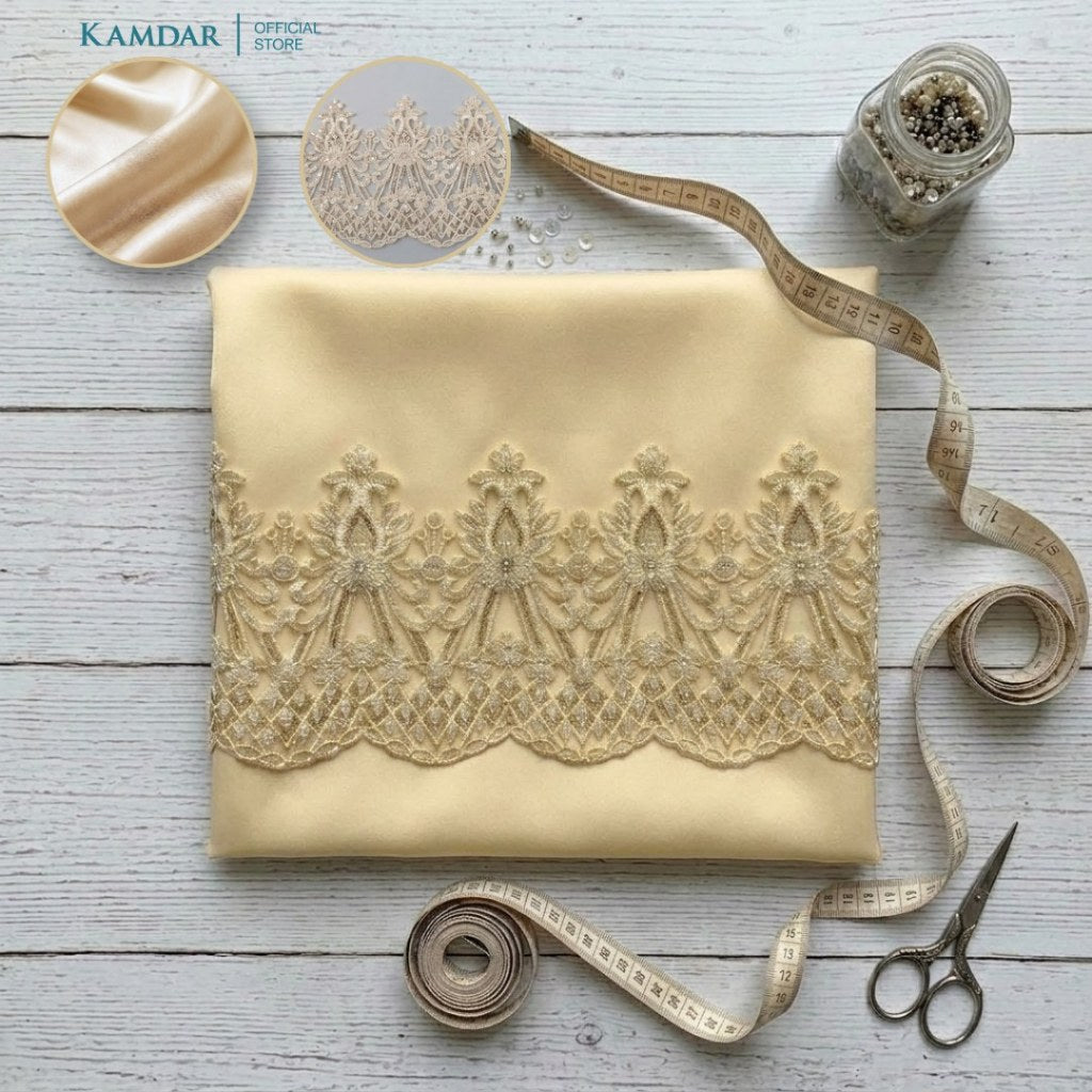 KAMDAR – Bridal Satin & Border Lace Kain Pasang Mix & Match 4M+2M | Satin Premium | Renda Mahkota Mewah